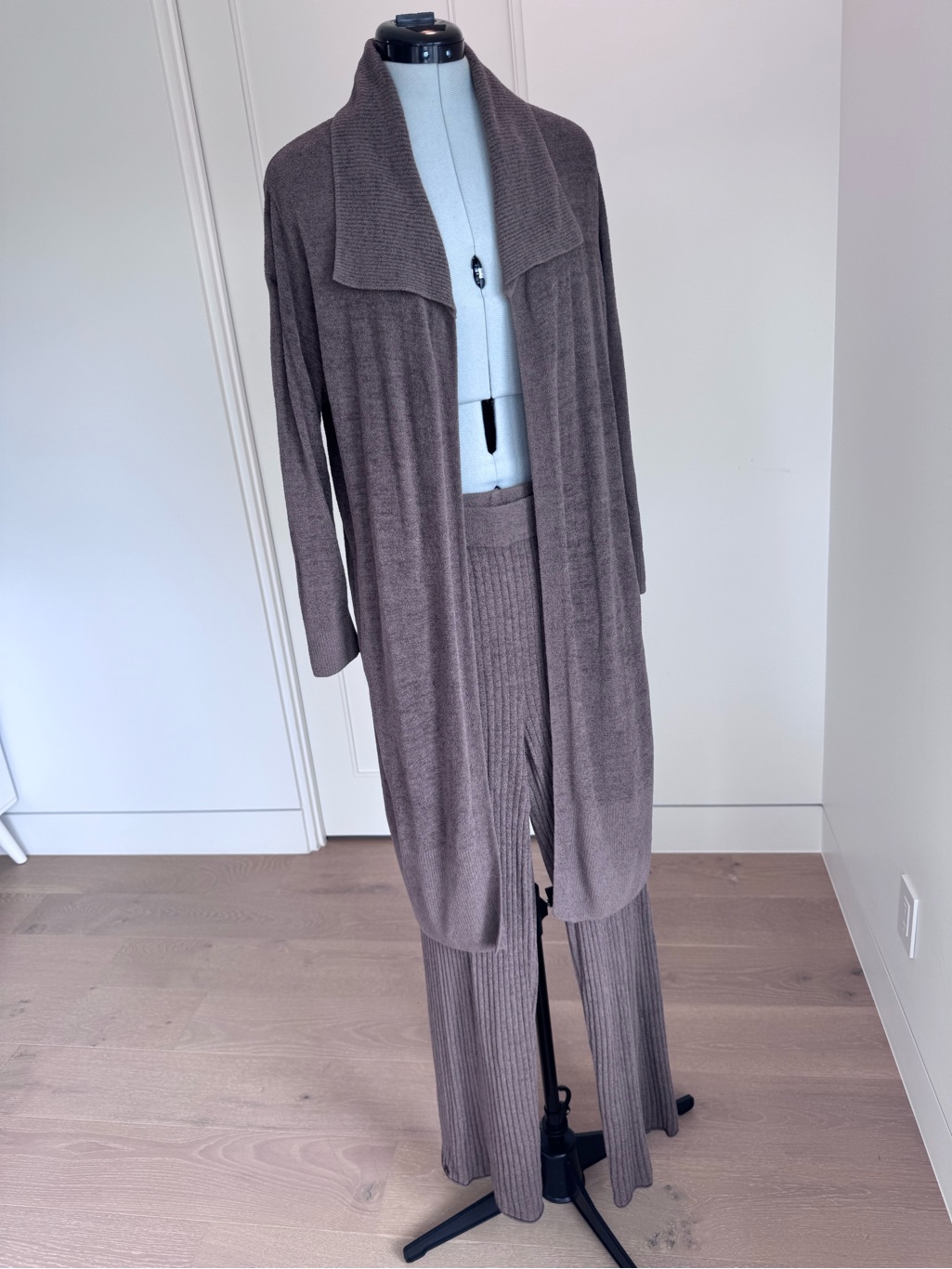 Set-Barefoot Dreams Brown Ribbed With Wide-Leg Pants With Matching Long Cardigan